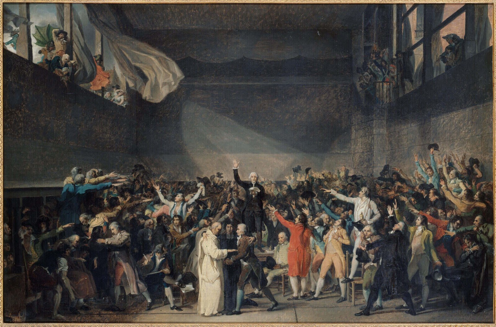 Le Serment du Jeu de Paume, peinture de Jacques-Louis David : les députés du tiers état debout, bras tendus, dans la salle du Jeu de Paume
